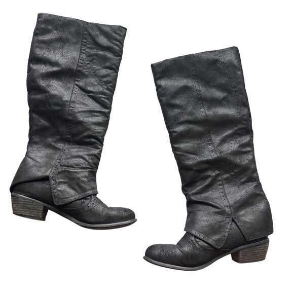 Not Rated Black Perforated Knee-High Faux Leather Boots Buttons Low Heels Size 9 - Picture 3 of 8